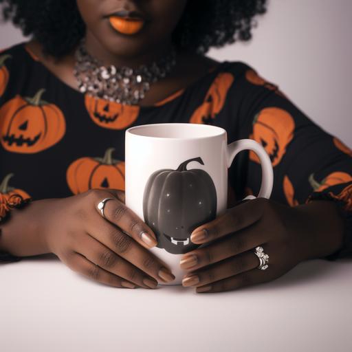 plus size dark skinned black woman hands, sitting in boho kichen, hold white square ceramic coffee mug, front of mug clearly visable, halloween theme modern kichen --v 5