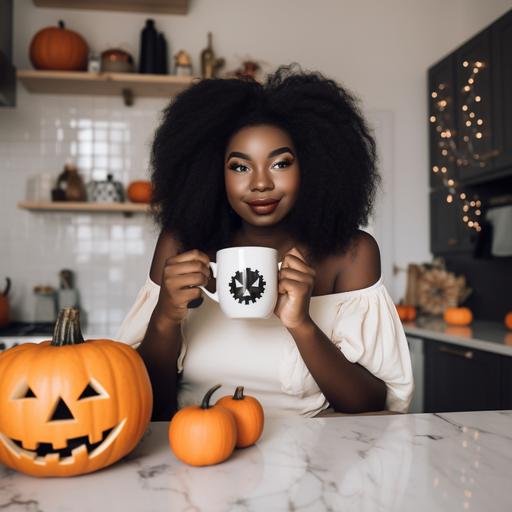 plus size dark skinned woman hands, holding white ceramic coffee mug, front of coffee mug blank, front of coffee mug clearly visible, woman sitting in modern boho kitchen, table decorated with halloween pumpkins, kitchen decorated halloween theme --v 5