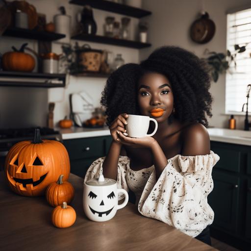 plus size dark skinned woman hands, holding white ceramic coffee mug, front of coffee mug blank, front of coffee mug clearly visible, woman sitting in modern boho kitchen, table decorated with halloween pumpkins, kitchen decorated halloween theme --v 5