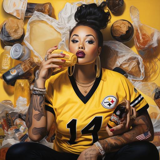 plus sizes brown skin woman, with long black hair up in a bun, with yellow and blackpittsburg jersey on, black cut up jeans, yellow and black jordan sneakers on, yellow finger nail polish on short manicure hands, diamond earrings, black lipsticks on medium size lips, and chewing gum