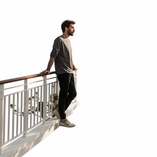 png of side view full body shot of man looking down over balcony railing, white background