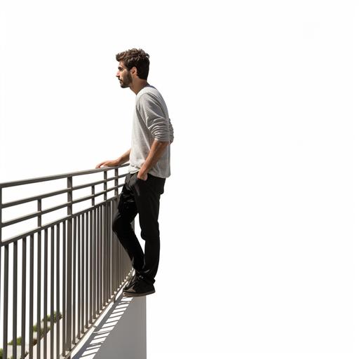 png of side view full body shot of man looking down over balcony railing, white background