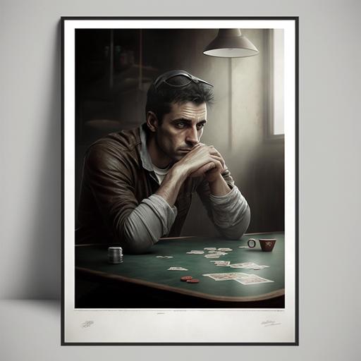 pocker player, thinking, on pocker table, smart, realistic, 3d, poster
