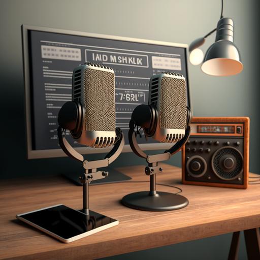 podcast display with a large screen and old school microphones , 4k hd super realistic