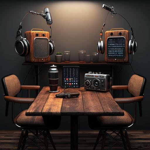 podcast display with multiple screens and old school microphones, cameras, chairs, wooden table 4k hd super realistic