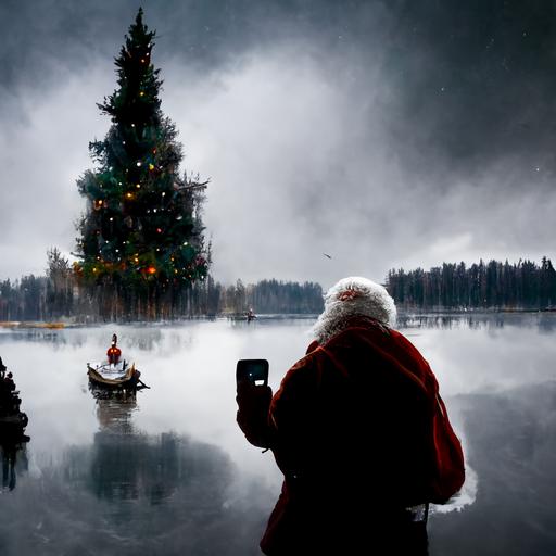santa making selfie in front of winter lake and christmas tree