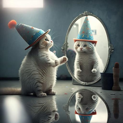 poetic cat with party hat recognizes himself in the mirror