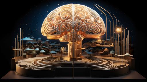 an AI artwork where a human brain is seen in cross-section. Within its folds, illustrate miniature landscapes, cosmic bodies, and abstract geometries to symbolize the vast scope of human thought, imagination, and consciousness. Create a juxtaposition by having classical Renaissance figures contemplating the brain, incorporating a fusion of old and new ideas. Add a glow or aura around the brain to represent spiritual and mental healing, adhering to a vaporwave color palette for a sense of nostalgia and dreaminess. --ar 16:9