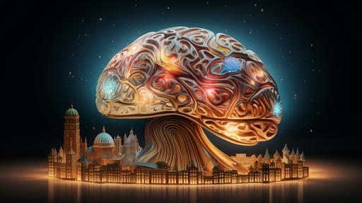 an AI artwork where a human brain is seen in cross-section. Within its folds, illustrate miniature landscapes, cosmic bodies, and abstract geometries to symbolize the vast scope of human thought, imagination, and consciousness. Create a juxtaposition by having classical Renaissance figures contemplating the brain, incorporating a fusion of old and new ideas. Add a glow or aura around the brain to represent spiritual and mental healing, adhering to a vaporwave color palette for a sense of nostalgia and dreaminess. --ar 16:9