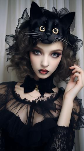 20 years old french woman modelesque body more body eyes cat make-up ears cat hairband fashion project basalt lace office cloths hipnotic --ar 9:16