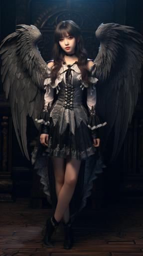 a 20 years old lady, female simurgh personification, in the style of gothic dark intensity, simurghcore, full-length body feet legs head, bigger chest, lace cloths, feminine, hipnotic, jewelery, tokina at - x 11 - 16mm f/ 2. 8 pro dx ii, daz3d, liam sharp, dark gray and light blue, shilin huang, frederick sandys --ar 9:16