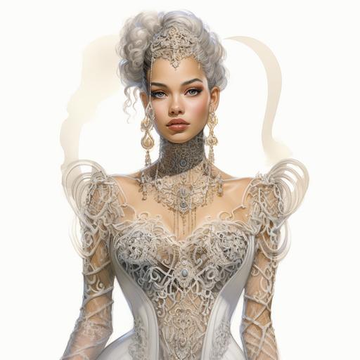 fashion design sketch retro futuristic female 1800s french very feminine lace courtisane dress for modelesque body add few egypt jewellary little french crown