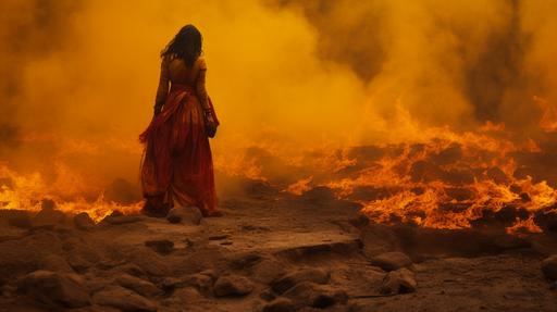 small view of woman witch witch cloths magic on the edge of full view darvaza gas crater explosion fire red and yellow --ar 16:9