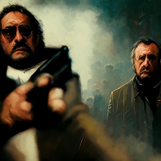 polar, mexican standoff, grim Jean Reno and Gerard Depardieu, vertical, poster, hyper realistic, close up, dark setting, rivality, guns