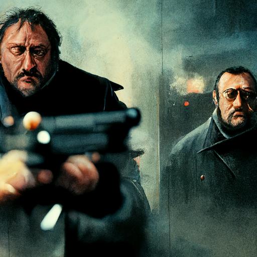 polar, mexican standoff, grim Jean Reno and Gerard Depardieu, vertical, poster, hyper realistic, close up, dark setting, rivality, guns