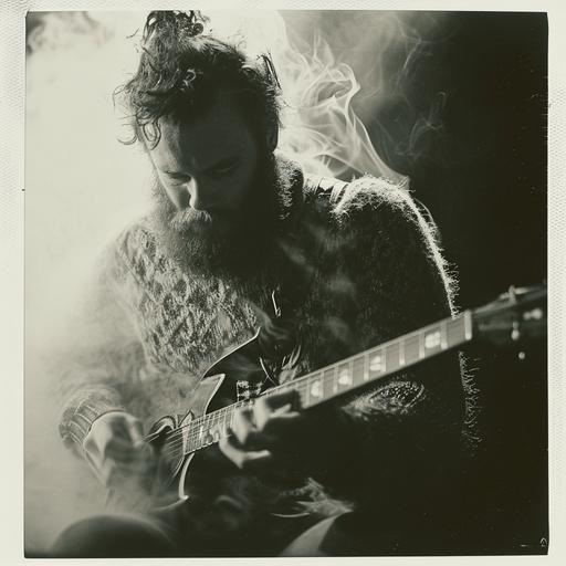 polaroid of a bearded folk singer in a woolly jumper playing the guitar in a duel against the devil with a cursed guitar from a garage sale, smoke and lightning, black and white, dramatic shadows, polaroid with 70s aesthetics --v 6.0