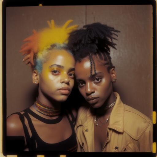 polaroid of young black thick queer teens in vivienne westwood clothes punk hair and make up
