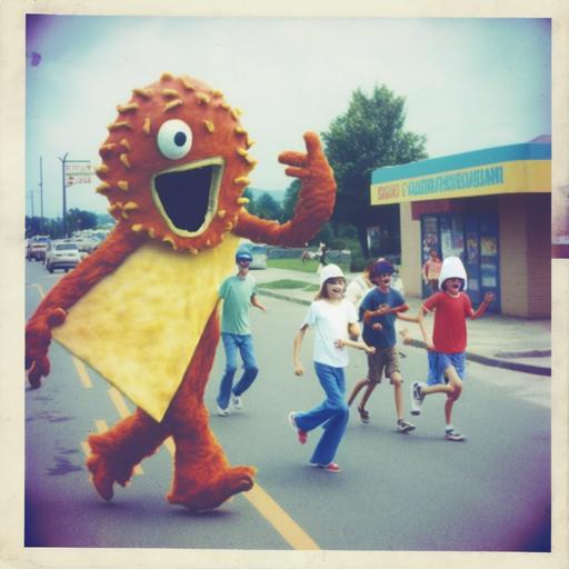 polaroid photo of a person in a pizza mascot costume chasing horrified children --v 4
