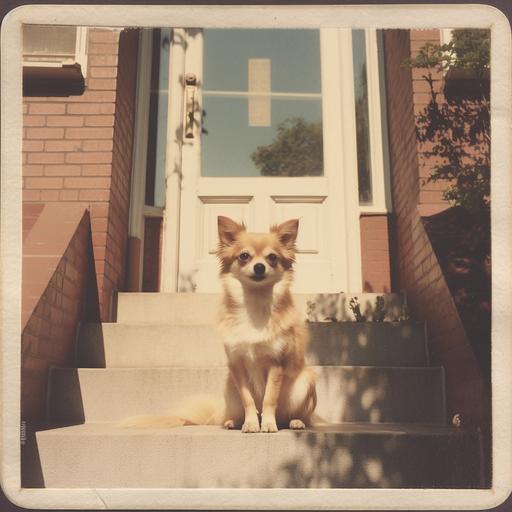 polaroid picture of a victorian period london flat, a blonde long haired chihuahua sitting on the door step, on a sunny evening