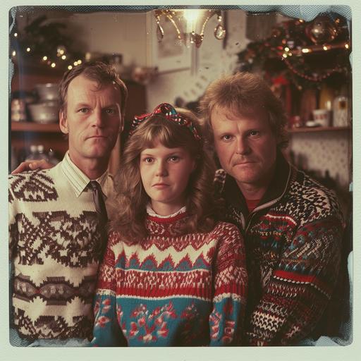 polaroid weird 80s family picture, ugly sweater, christmas vibe --v 6.0