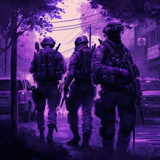 SWAT, police, tactical squad, purple camo suit, night city, gang war