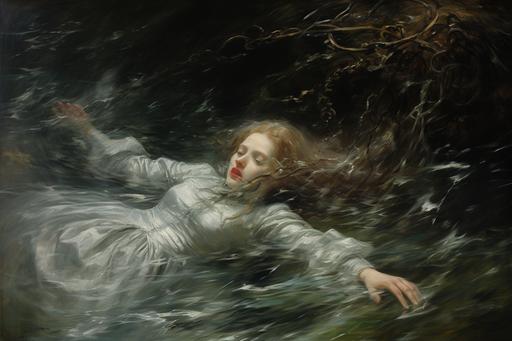 poltergeist Ophelia drowned in the river oil painting --ar 3:2 --v 5.2