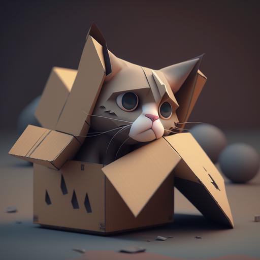 polymode style image of a cat sitting in a sad cardboard box, soft smooth lighting, soft pastel colors, 3d blender render, polycount, modular constructivism, pop surrealism, physically based rendering --q 0.5