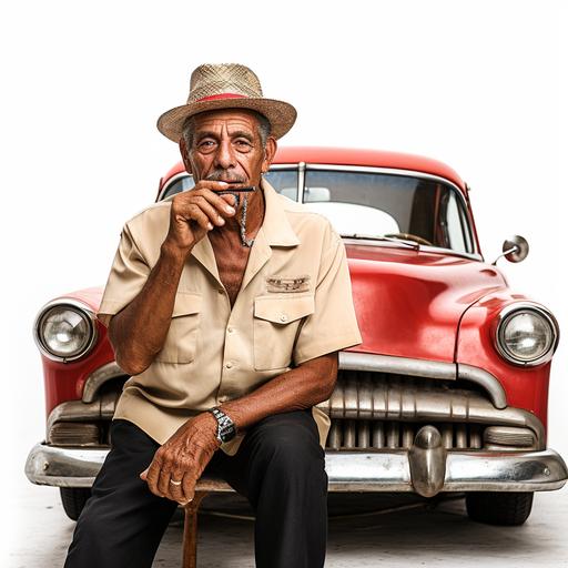 old cuban man with a hat smoking a cuban cigar in front of an old cuban car on a white background