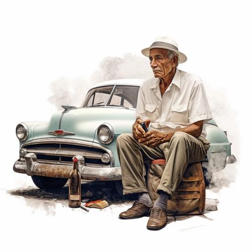 old cuban man with a hat smoking a cuban cigar in front of an old cuban car on a white background, hyper realistic, 4k v 4