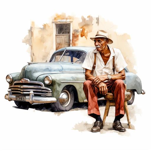 old cuban man with a hat smoking a cuban cigar in front of an old cuban car on a white background