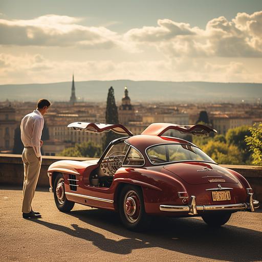 guy opening the door of red mercedes-benz 300sl car, top of the car is closed, beautiful view of Rome in the background