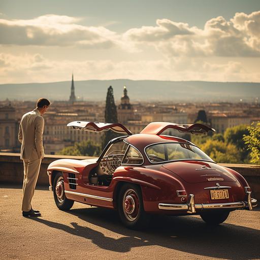 guy opening the door of red mercedes-benz 300sl car, top of the car is closed, beautiful view of Rome in the background