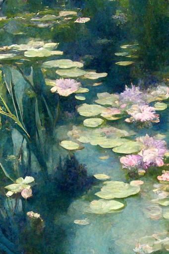 pond with water lilies and irisis by monet arabesque, exteme detail --chaos 100 --ar 2:3