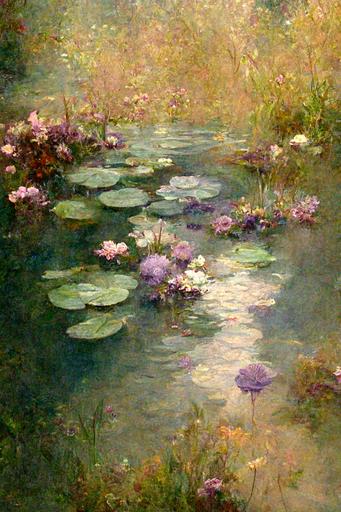 pond with water lilies and irisis by monet arabesque, exteme detail --chaos 100 --ar 2:3