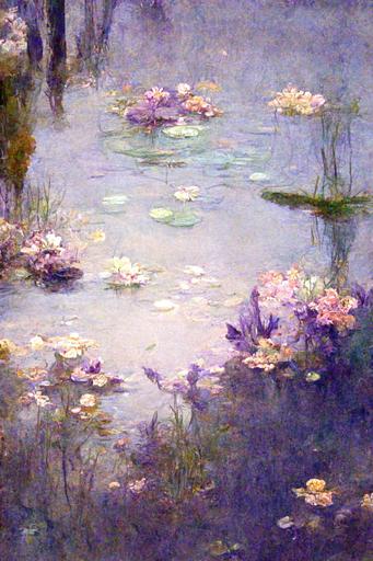 pond with water lilies and irisis by monet arabesque, exteme detail --chaos 100 --ar 2:3