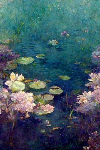 pond with water lilies and irisis by monet arabesque, exteme detail --chaos 100 --ar 2:3