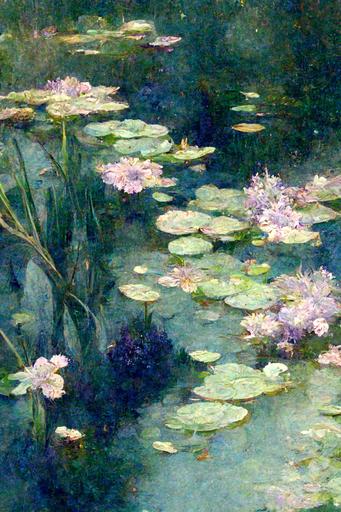 pond with water lilies and irisis by monet arabesque, exteme detail --chaos 100 --ar 2:3