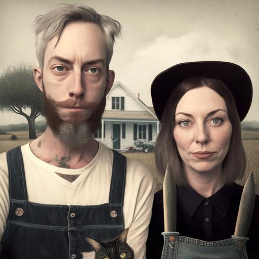 as American gothic painting, farmer, pitchfork, cat --q 2 --s 750