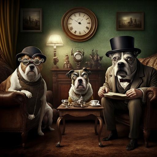 poor people, dogs with monocle, living room