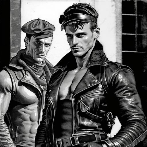 pop art black and white sketch gay leather daddy in berlin falling in love with another man in leather gear in shape during the 1980s