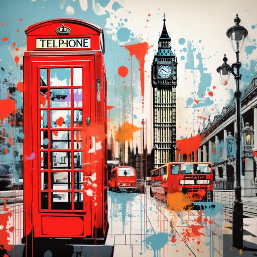 pop art collage of london landmarks red telephone box