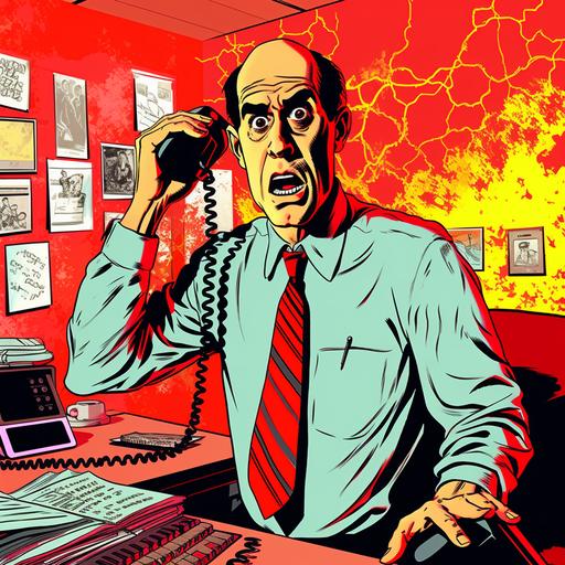 pop art, comic book style image of alarmed, sweating mayor, standing in his office, speaking on a red phone calling for 