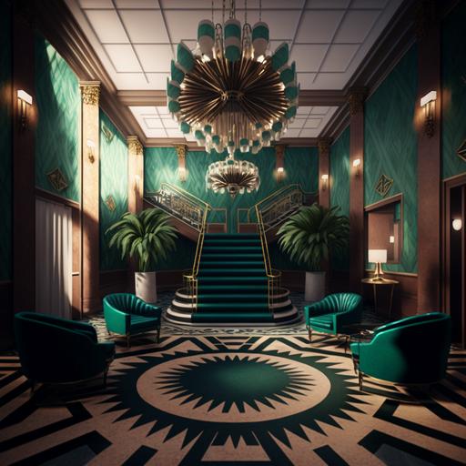 pop art deco chandelier , large 5 star hotel foyer , palms , velvet lounge chairs , chic patterned carpets , large double staircase , 16k , HD , 3d , octane render --v 4 --v 4