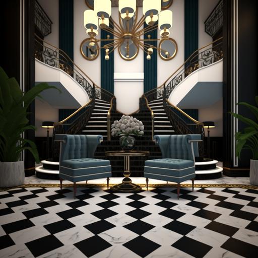 pop art deco chandelier , large 5 star hotel foyer , palms , velvet lounge chairs , chic patterned carpets , large double staircase , 16k , HD , 3d , octane render --v 4 --v 4