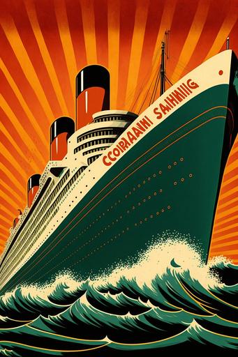 pop art deco ocean liner, retro futurism, 1920s art deco cruise ship poster , vintage travel art, roaring 20s --ar 2:3 --v 4