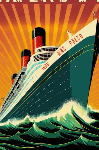pop art deco ocean liner, retro futurism, 1920s art deco cruise ship poster , vintage travel art, roaring 20s --ar 2:3 --v 4 --q 2
