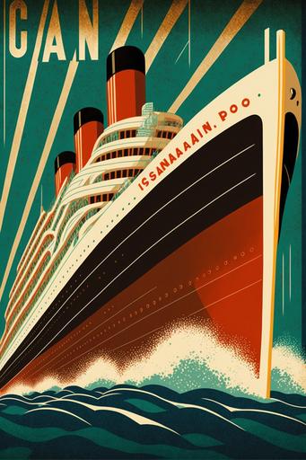 pop art deco ocean liner, retro futurism, 1920s art deco cruise ship poster , vintage travel art, roaring 20s --ar 2:3 --v 4