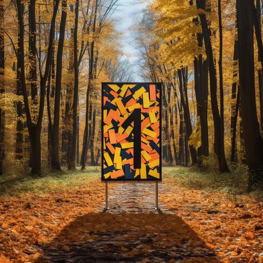 pop art, rectangular info sign with a big '!' icon, in the middle of a chestnut forest in autumn, leaves, full of colours