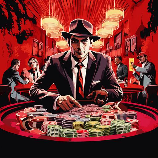 pop art style, italian mobsters at a roulette table with million of dollars worth of chips, smoke in the air, 19702 casino theme, one man holds a gun under the table