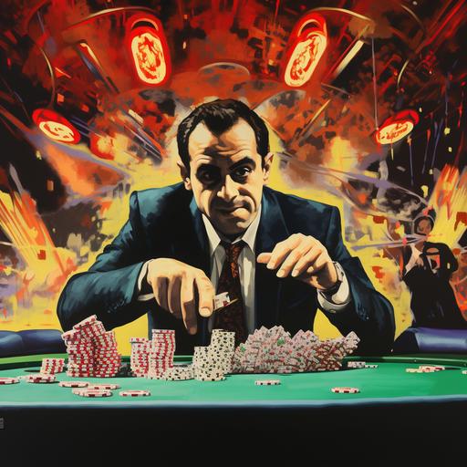 pop art style, italian mobsters at a roulette table with million of dollars worth of chips, smoke in the air, 19702 casino theme, one man holds a gun under the table